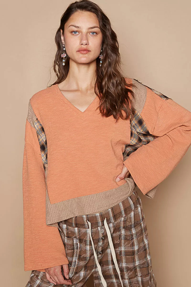 POL V-Neck Long Sleeve Plaid Contrast Top with Texture Knit Detail