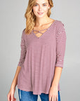 e Luna Striped Jersey Lace Up Neck Casual Top