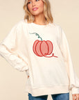 Haptics Full Size Embroidery Pumpkin Long Sleeve Knit Top