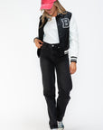 Love Me Now PU Leather Contrast Snap Down Bomber Jacket