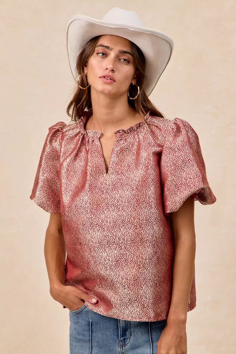 BiBi Jacquard Woven Short Balloon Sleeves V Neck Top