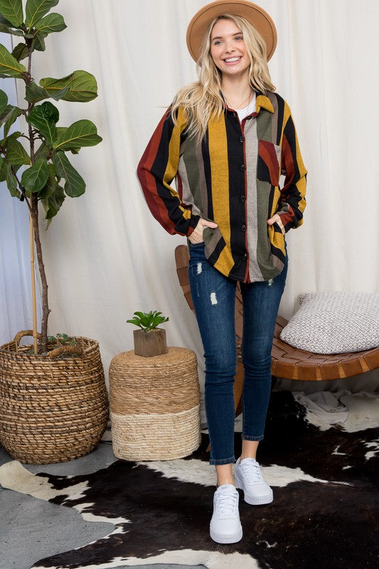 e Luna Cozy Stripe Button Down Shacket