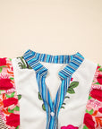 Floral Tie-Neck Stripe Detail Flutter Sleeve Blouse