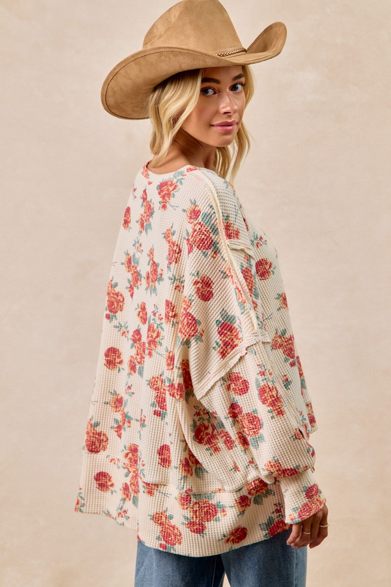 BiBi Floral Print Oversized Waffle Thermal Sweatshirt