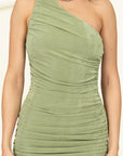 HYFVE Slinky One Shoulder Ruched Asymmetric Hem Dress