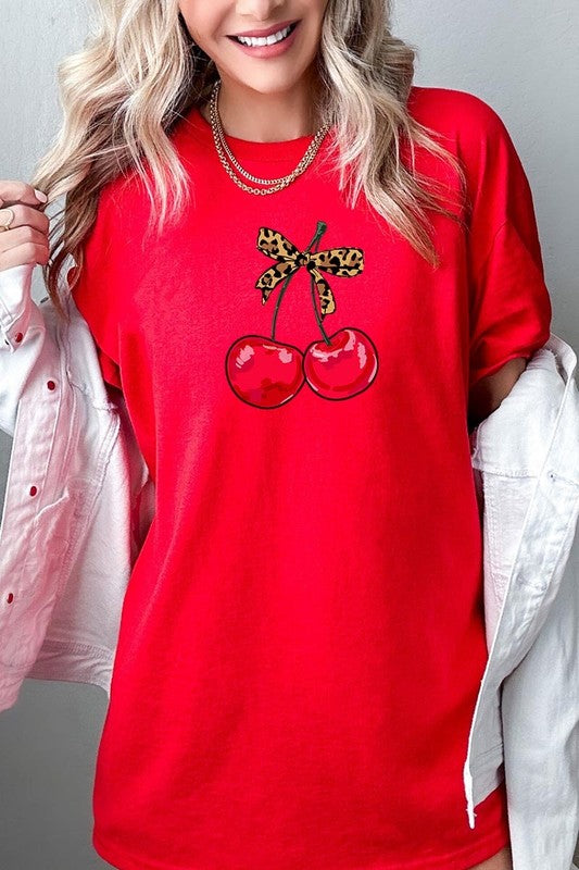 Leopard Bow Cherry Graphic Plus Heavy Cotton Tee