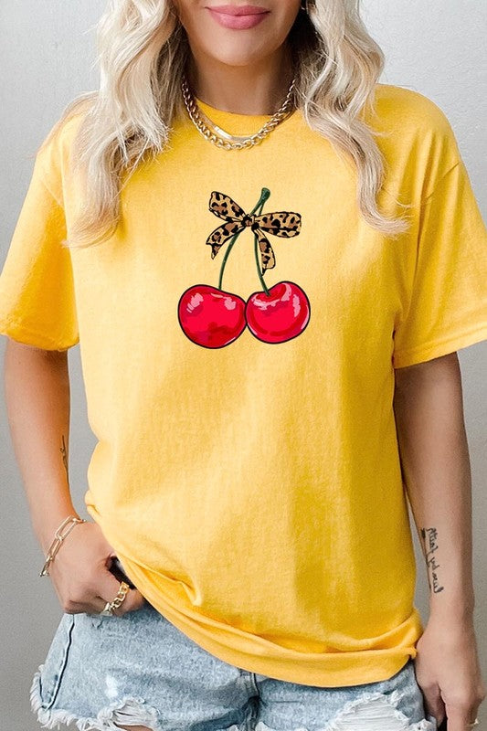 Leopard Bow Cherry Graphic Plus Heavy Cotton Tee