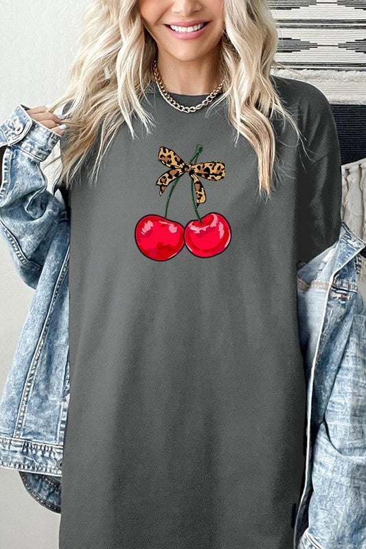 Leopard Bow Cherry Graphic Plus Heavy Cotton Tee