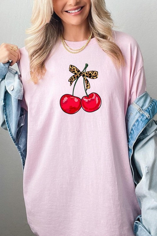 Leopard Bow Cherry Graphic Plus Heavy Cotton Tee