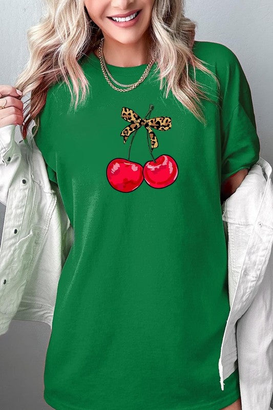 Leopard Bow Cherry Graphic Plus Heavy Cotton Tee