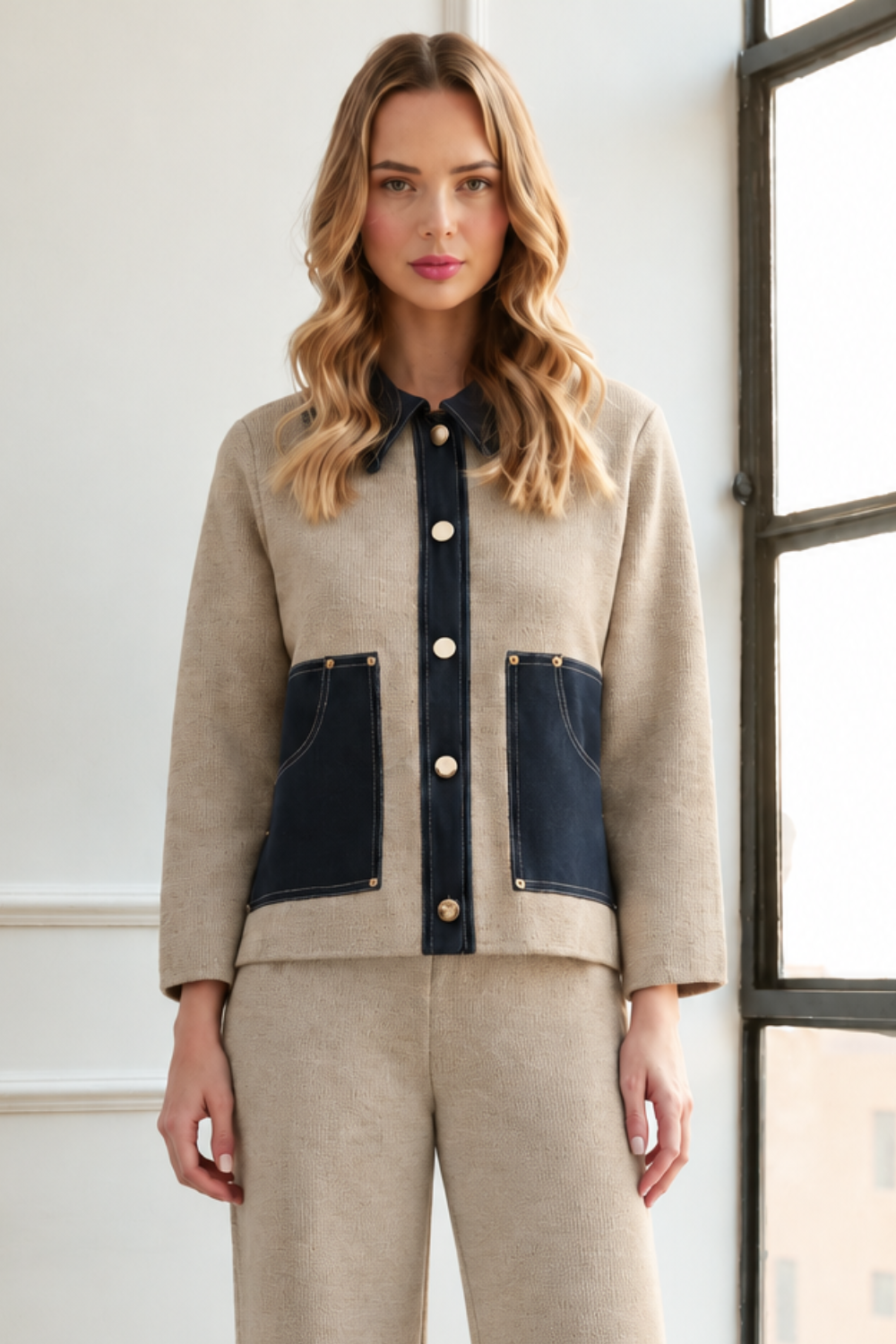 JOH Apparel Sam Textured Knit Jacket with Denim Contrast