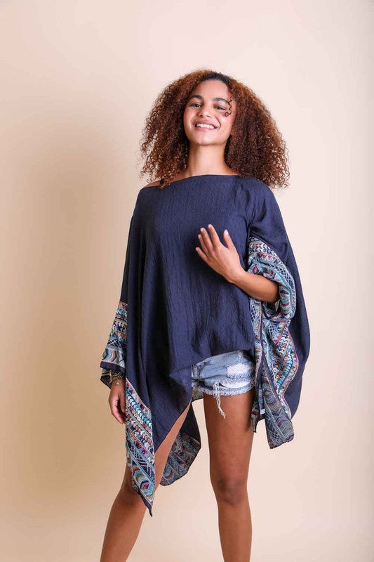 Leto Accessories Geometric Embroidered Sleeve Kimono