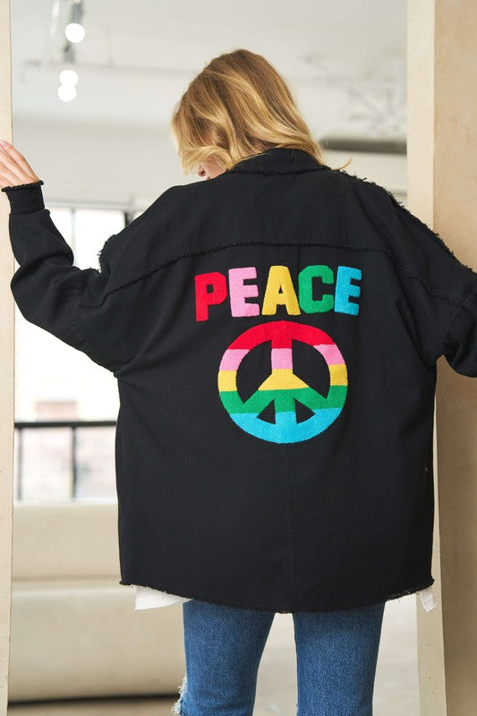 Davi &amp; Dani Multi Color Lettering Peace Symbol Button Up Shirt