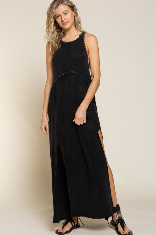 POL Stone Washed Side Slit Cut Out Maxi Dress