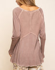 POL Light Wash Rib Textured Long Sleeve Top