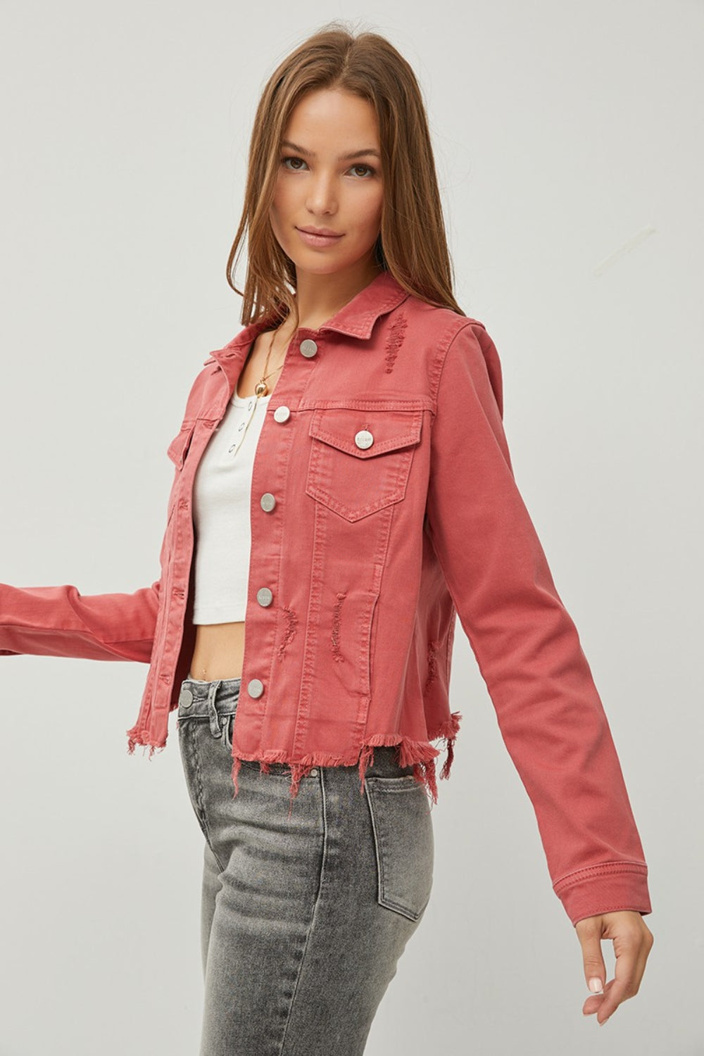 RISEN Full Size Raw Hem Button Up Cropped Denim Jacket Plus Size