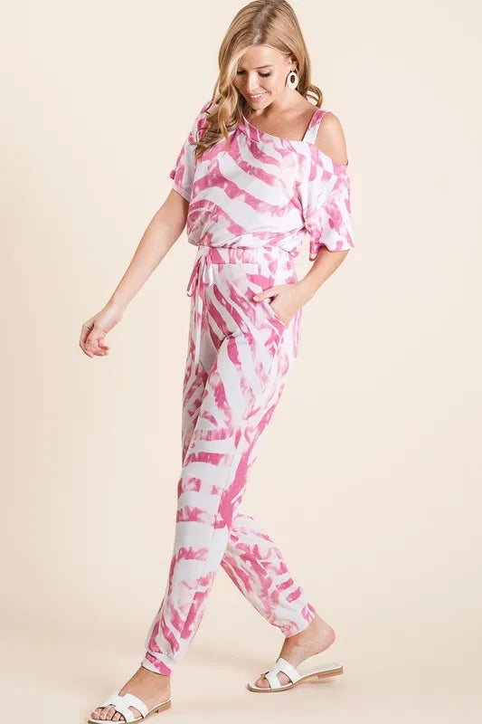 BiBi Zebra Print French Terry Top and Pants Set in Fuschia