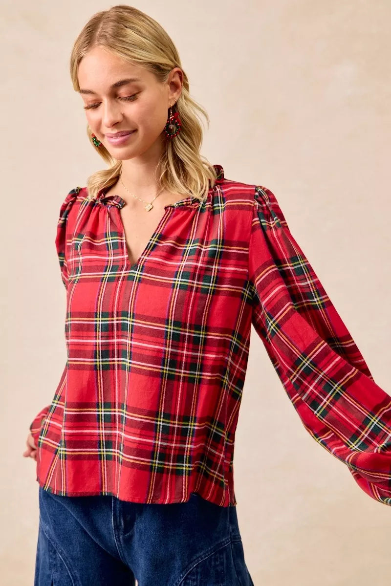 BiBi Christmas Plaid Balloon Sleeves Ruffled V-Neck Top