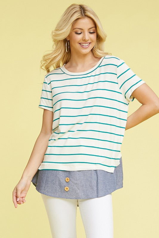 Plus Button Striped Chambray Layered Tunic