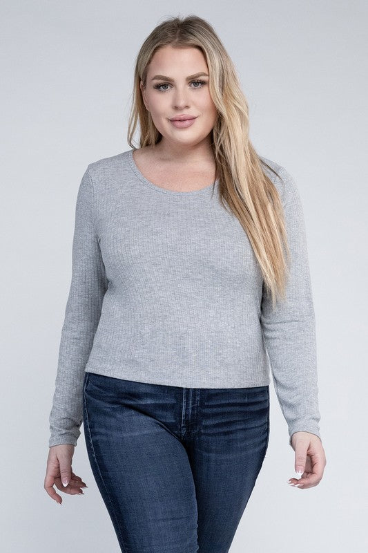 Plus Classic Ribbed Round Neck Long Sleeve Top