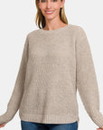 Zenana High Low Long Sleeve Waffle Sweater