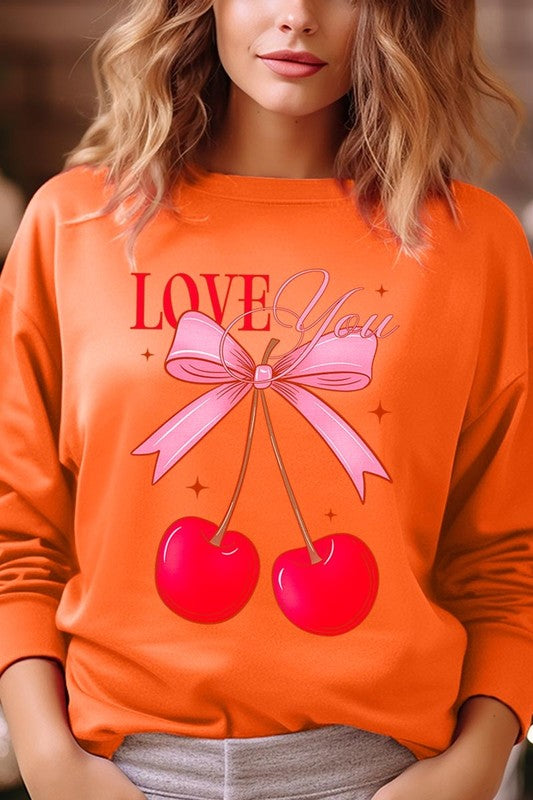 Love You Cherries Graphic Plus Fleece Sweatshirt