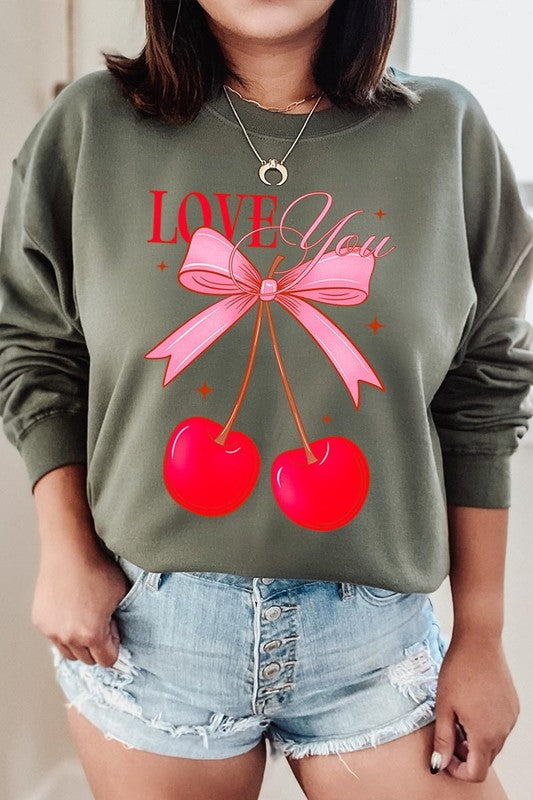 Love You Cherries Graphic Plus Fleece Sweatshirt