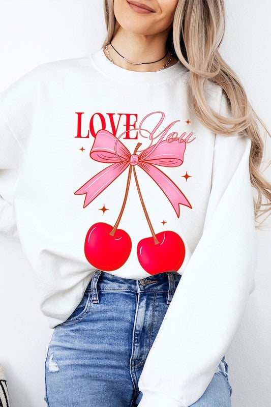 Love You Cherries Graphic Plus Fleece Sweatshirt