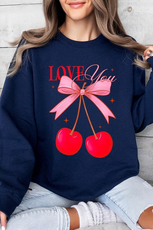 Love You Cherries Graphic Plus Fleece Sweatshirt