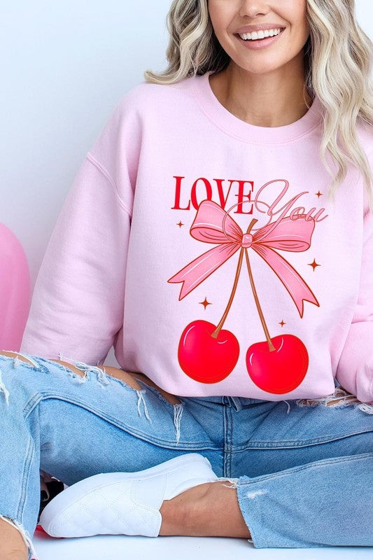 Love You Cherries Graphic Plus Fleece Sweatshirt