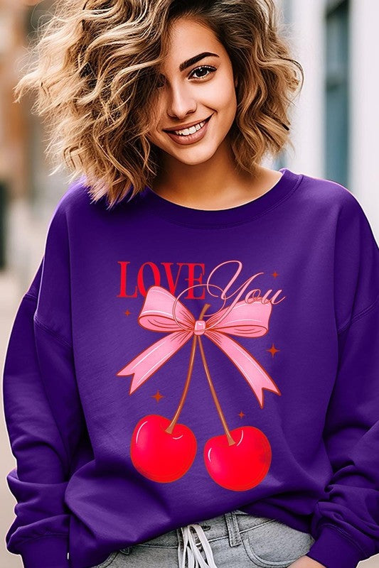 Love You Cherries Graphic Plus Fleece Sweatshirt