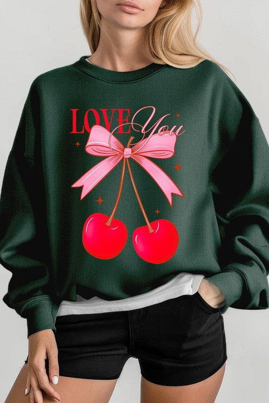 Love You Cherries Graphic Plus Fleece Sweatshirt