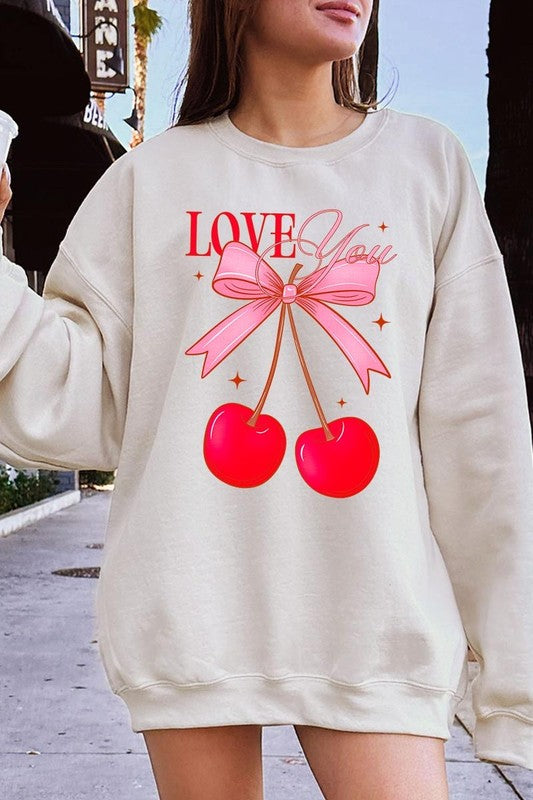 Love You Cherries Graphic Plus Fleece Sweatshirt