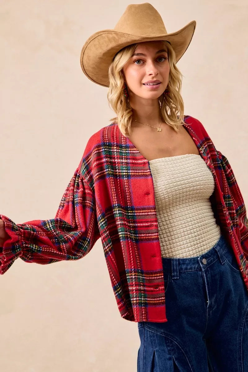 BiBi Christmas Plaid V-Neck Flounce Sleeve Jacket