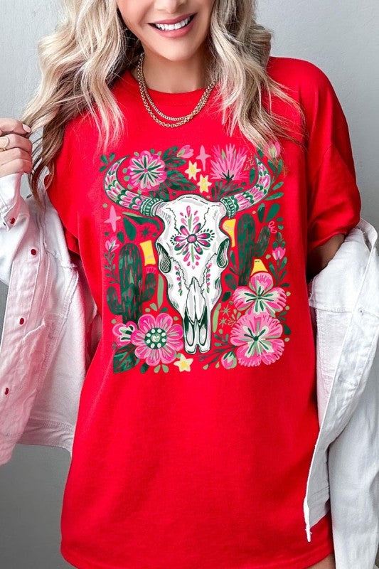 Western Floral Cow Skull Plus Heavy Cotton Tee