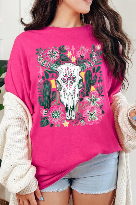 Western Floral Cow Skull Plus Heavy Cotton Tee