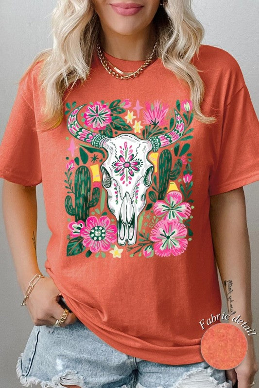 Western Floral Cow Skull Plus Heavy Cotton Tee