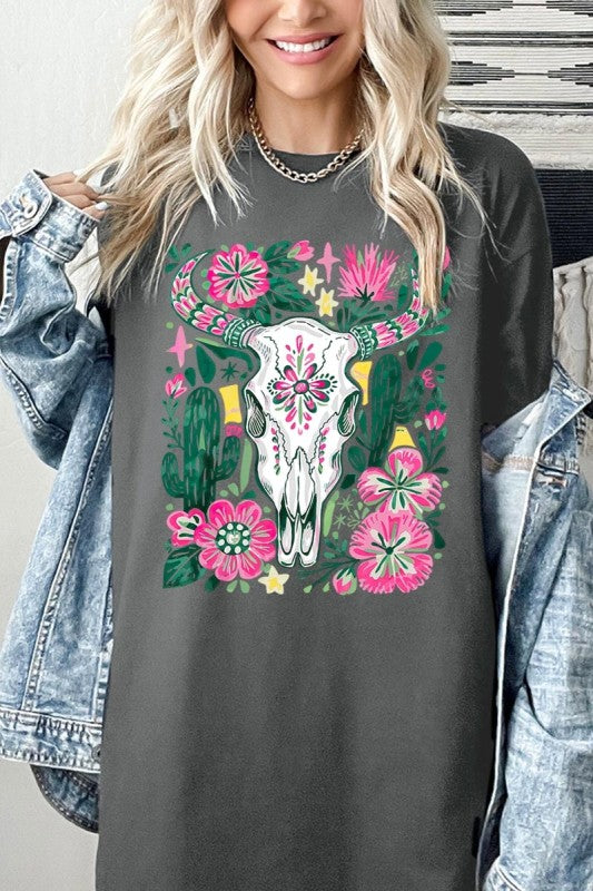 Western Floral Cow Skull Plus Heavy Cotton Tee