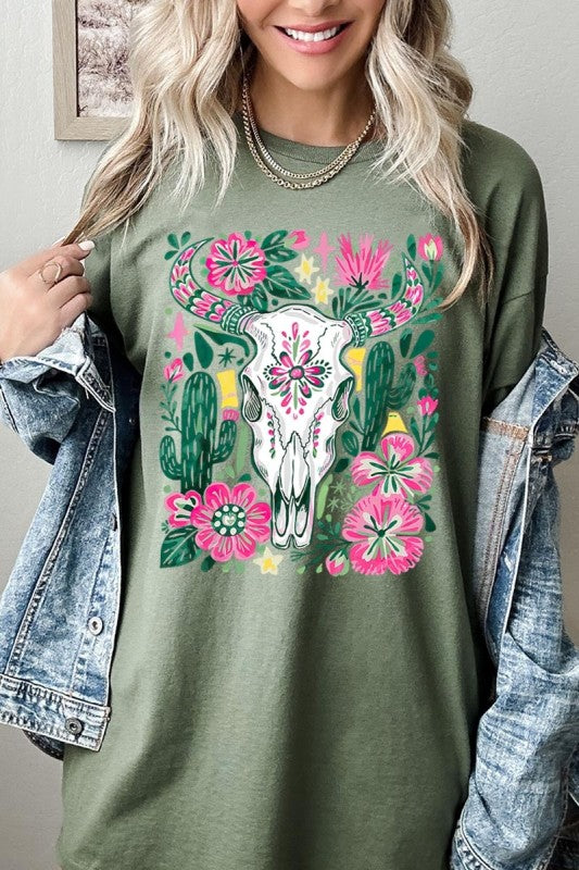 Western Floral Cow Skull Plus Heavy Cotton Tee