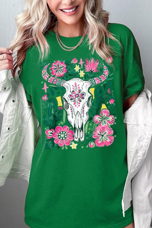 Western Floral Cow Skull Plus Heavy Cotton Tee
