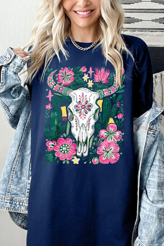 Western Floral Cow Skull Plus Heavy Cotton Tee
