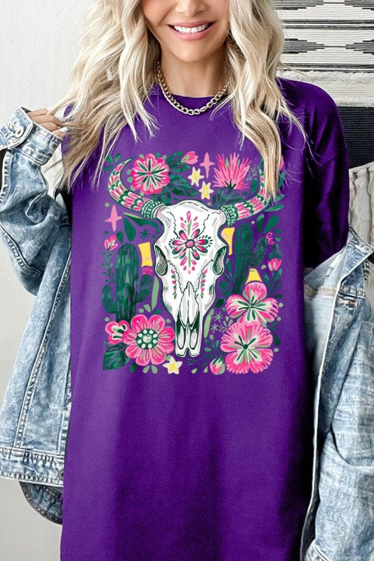 Western Floral Cow Skull Plus Heavy Cotton Tee