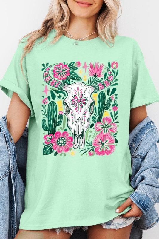 Western Floral Cow Skull Plus Heavy Cotton Tee