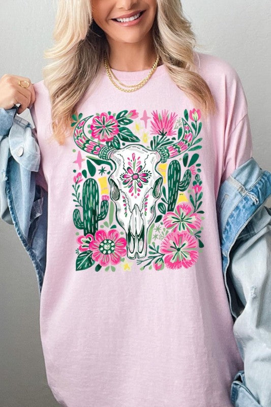 Western Floral Cow Skull Plus Heavy Cotton Tee