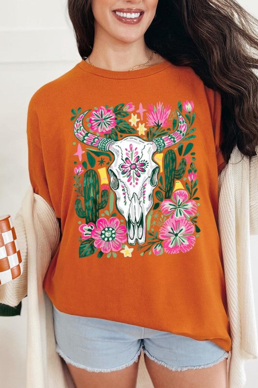 Western Floral Cow Skull Plus Heavy Cotton Tee