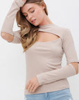 Ribbed Fitted Long Sleeve Top with Chest Cutout