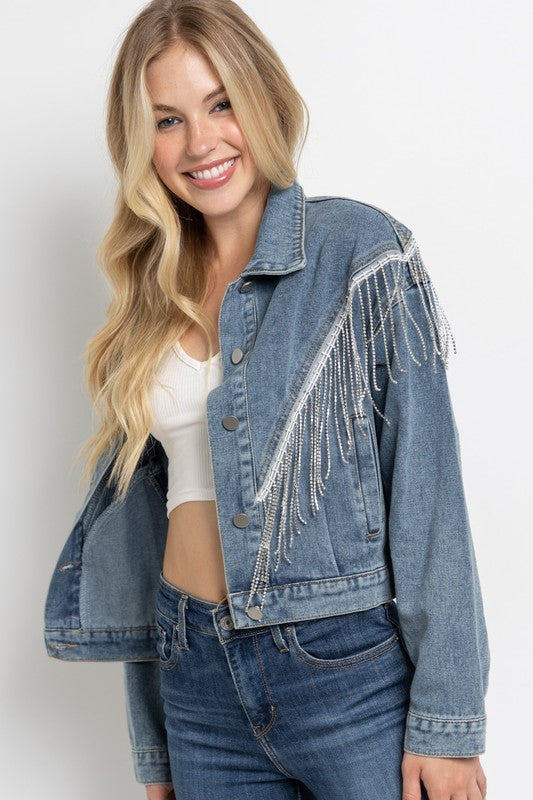 Cropped Denim Jacket with Rhinestone Fringe