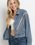 Cropped Denim Jacket with Rhinestone Fringe