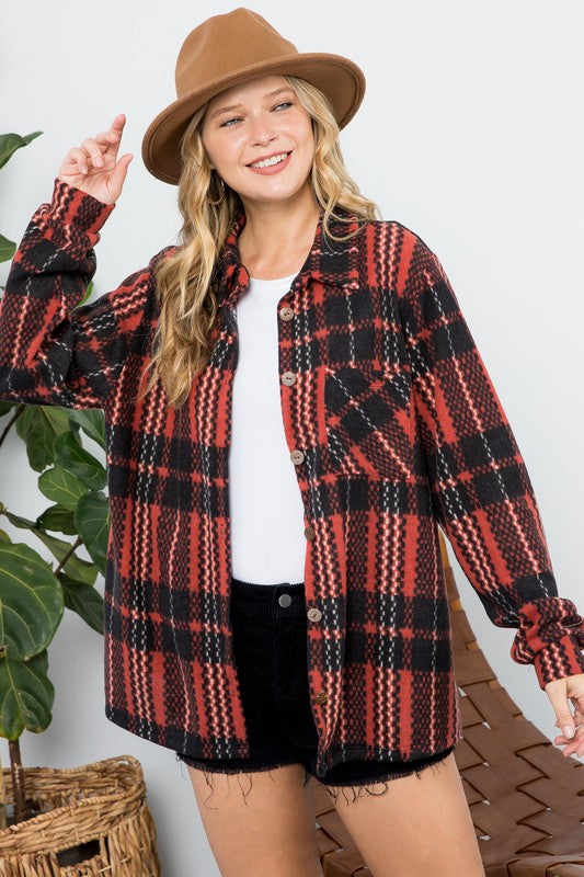 e Luna PLUS Fuzzy Plaid Button Down Shacket