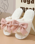 White Bow Knot Decor Open Toe Plush Slippers